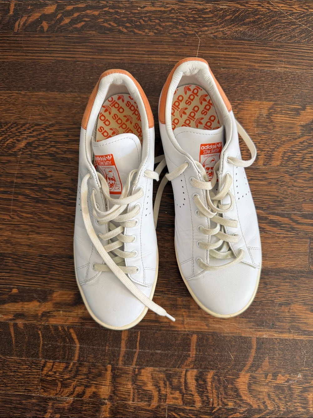 ADIDAS White Leather Stan Smith X Raf Simons with Orange Heel Detail